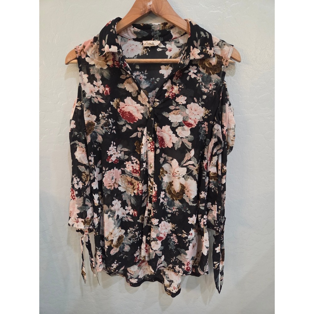 Ember Floral Cold Shoulder Blouse Black Pink Rose Button Down Tie Sleeve Medium